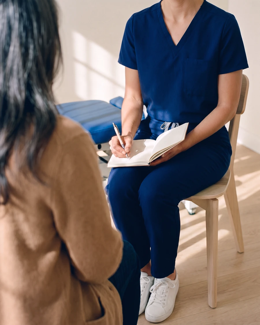 Una profesional sentada anota en un cuaderno mientras conversa con una paciente en la clínica